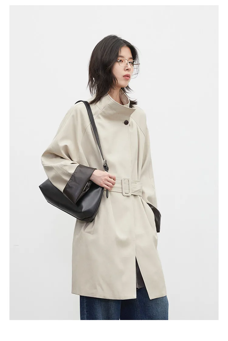 CHIC VEN Korean Women Mid Length PU Jacket Stand Collar One-button Laced Up Overcoat Office Lady Trench Coat Spring Autumn 2026