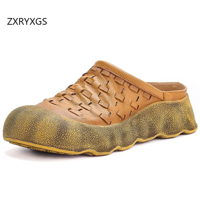 ZXRYXGS Promotion 2026 New Fashion Summer Round Toe Cow Leather Slippers Platform Height Increase Shoes Women Outerwear Slippers