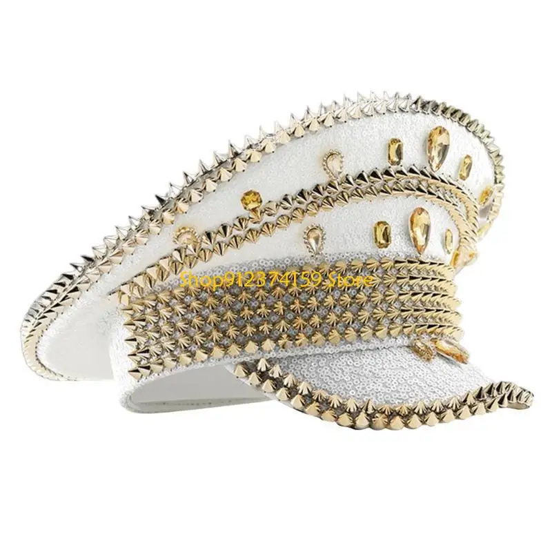 G5AE Sequins Captain Hat Crystal Sailor Hat for Disco House Cocktail Parties Vacation Sparkly Crystal for Comedian Actor