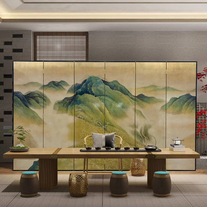 Movable Folding Screen With Gold Foil Hand-Painted Landscape Suitable for Indoor Background Partitioning