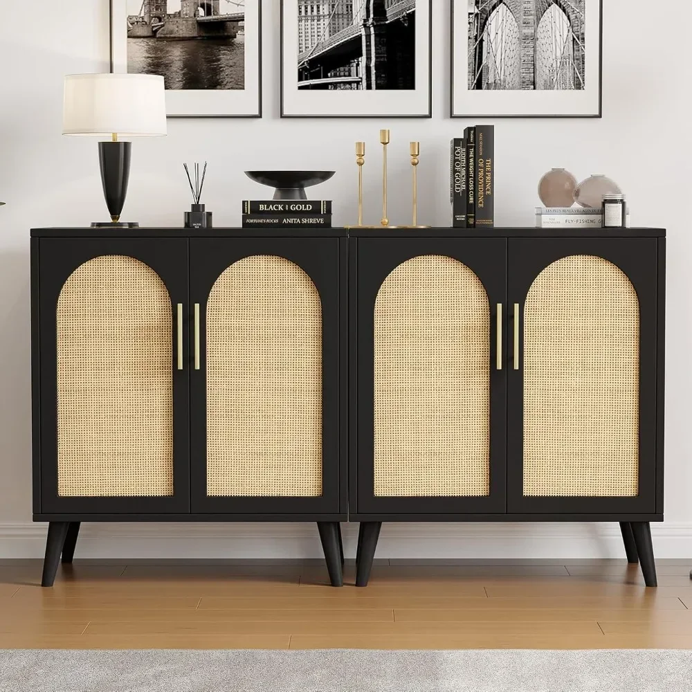 Rattan Storage Cabinet with Doors, Accent Bathroom Floor Cabinet, Modern Sideboard Buffet Cabinet for Living