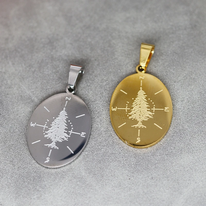 2Pcs Stainless Steel Compass Christmas Tree Oval Pendant Charms For Jewelry Making Trendy Necklace Keychain Gift diy Accessories