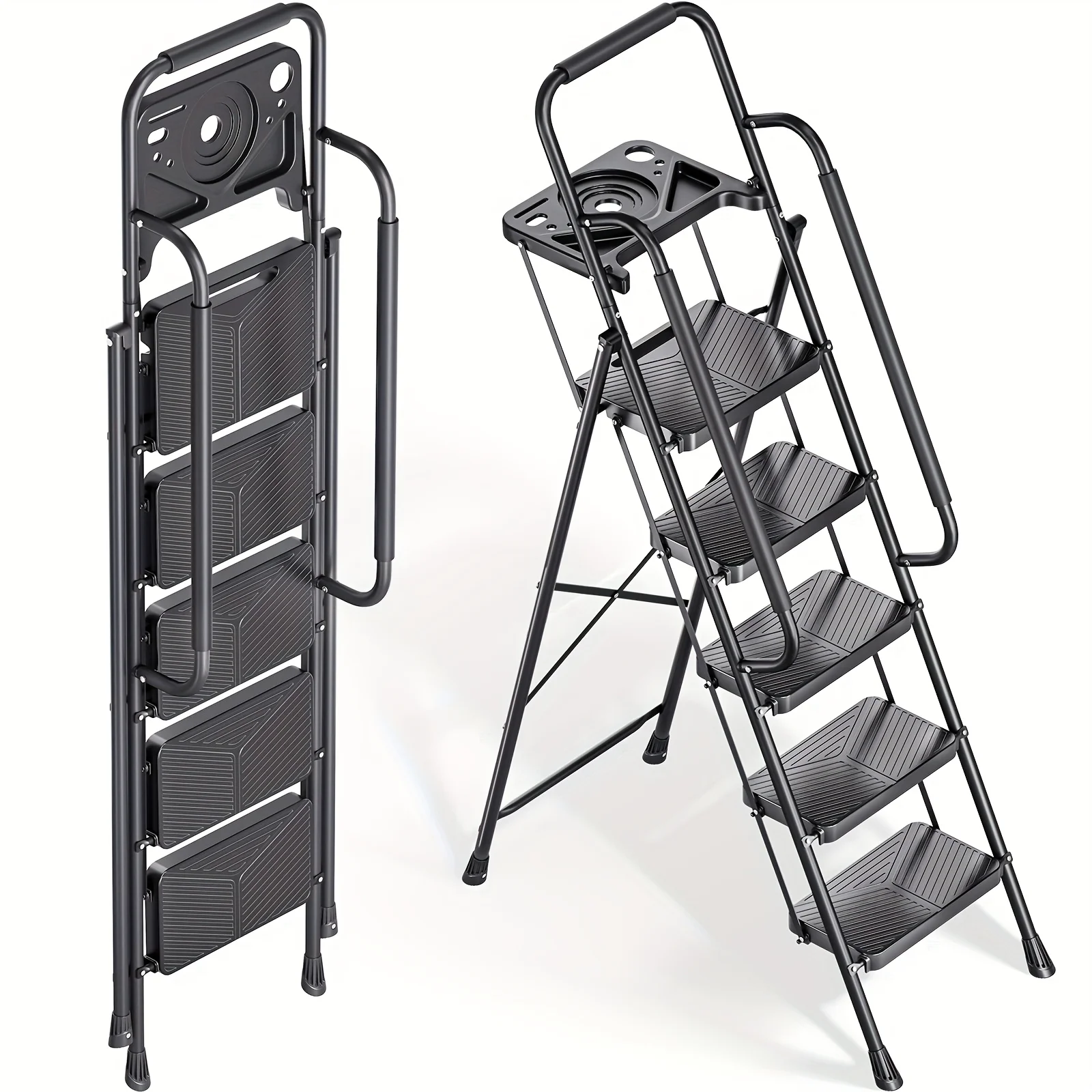 

TOOLF 5 Step Ladder, Folding Step Stool with Safe-Lock Design, 500 Lbs Sturdy Steel Ladder with Tool Platform, Wide Anti-Slip Pedal, Convenient Handrail for Household And Kitchen, Black