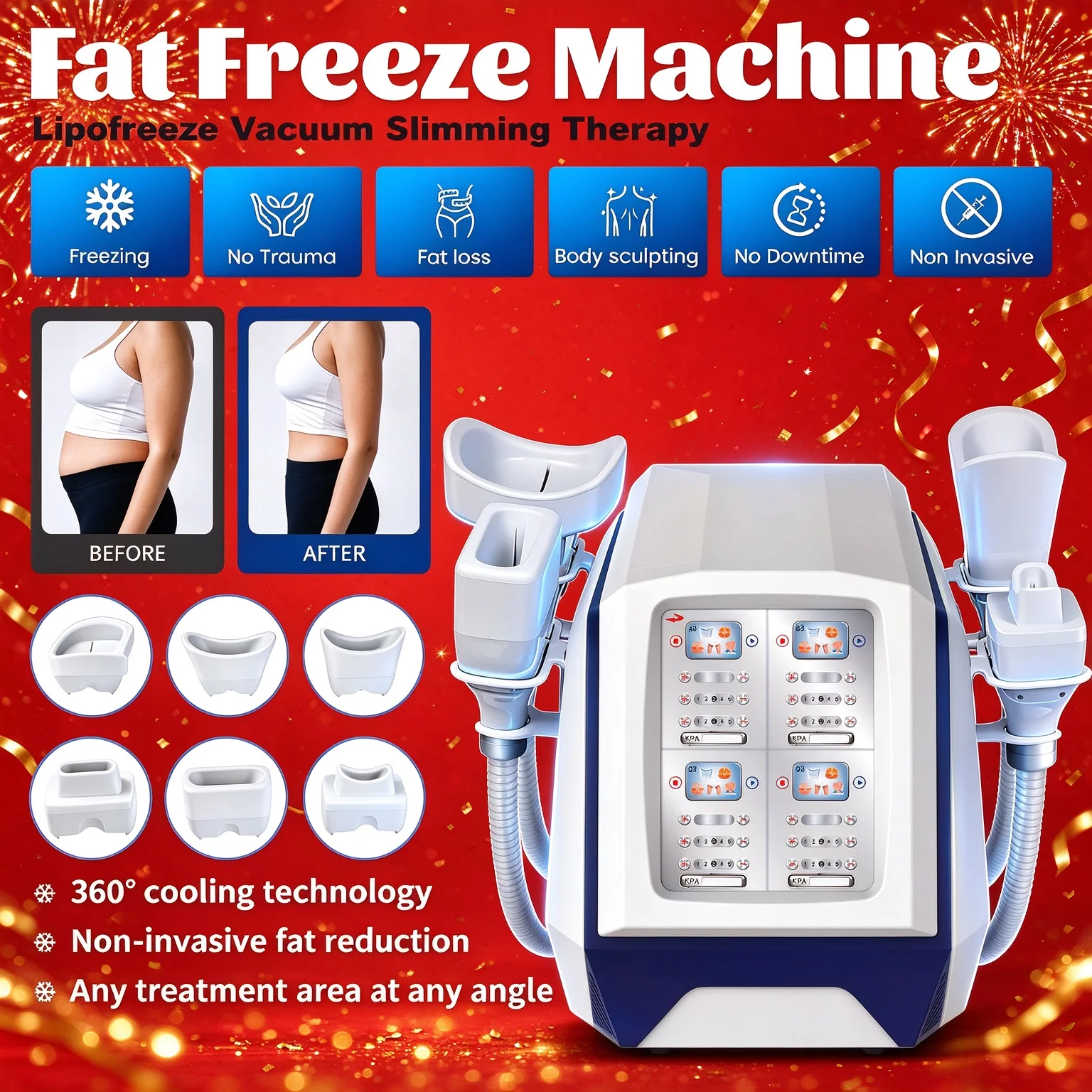 Non-Invasive 4 Handles 360° Cryolipolysis Body Slimming Machine - 6 Cartridges Fat Freezing Cellulite Removal for Salon Use