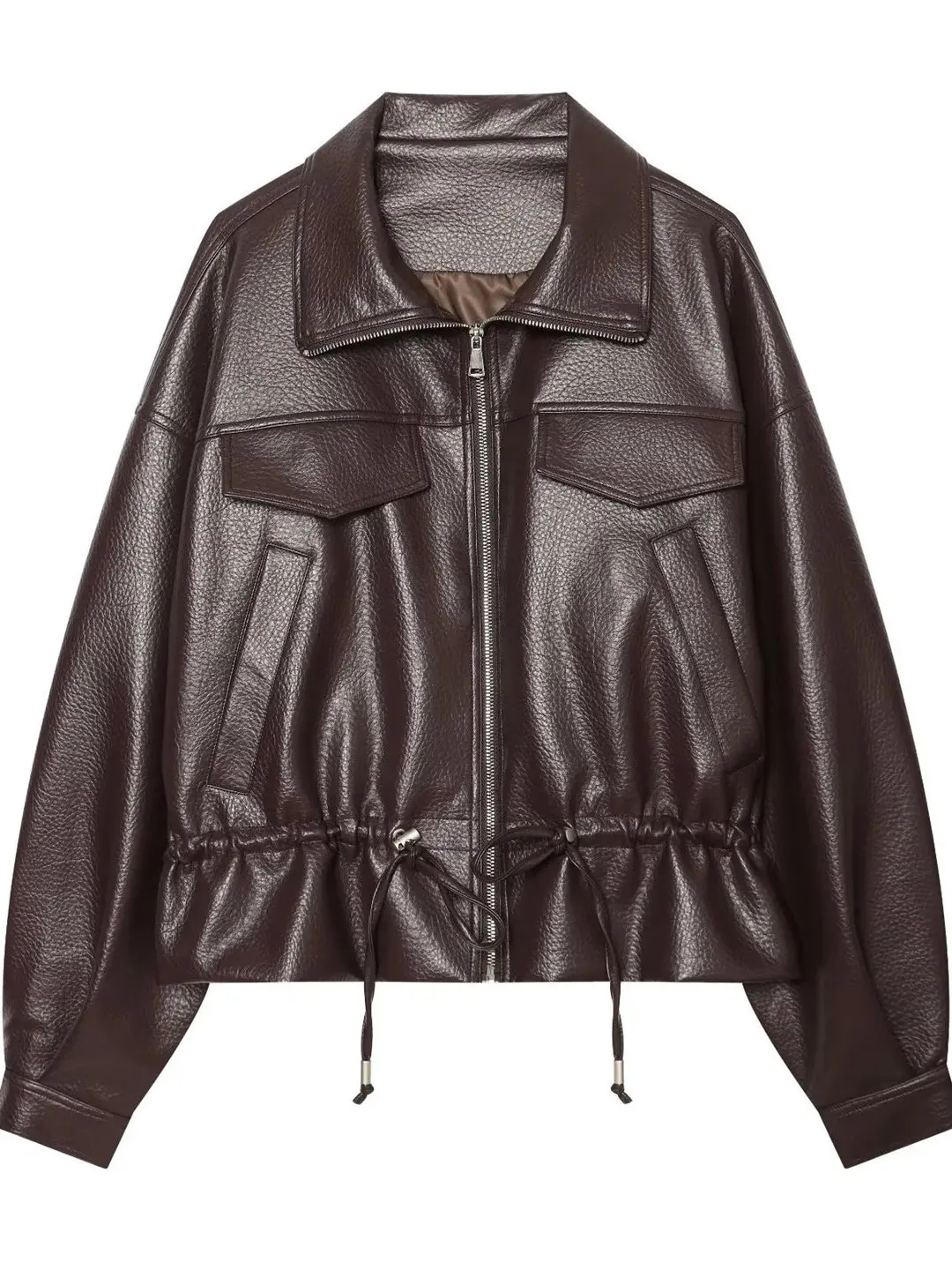 Early Autumn 2026 Women's Amber Glow Wind Drawstring PU Leather Jacket Oversized Outerwear Standard Fit Pure Color Long Sleeve