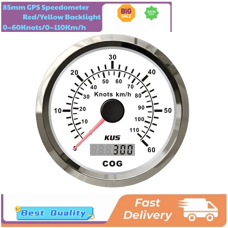 KUS 85mm GPS Speedometers 0-60Knots Speed Indicators 0-110Km/H Instrument Gauge with Antenna Red / Yellow Backlight for Boat