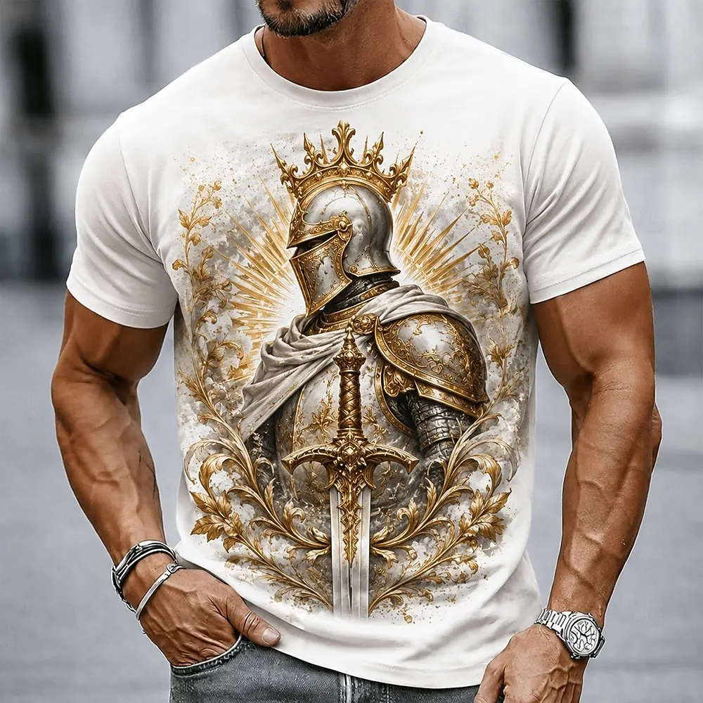 Herren Mittelalterliches Goldenes Ritter-Löwen-Adler-Schloss-Print T-Shirt Vintage Kreuzritter-Krieger Grafik Rundhals Kurzarm-Shirt – Detail 4