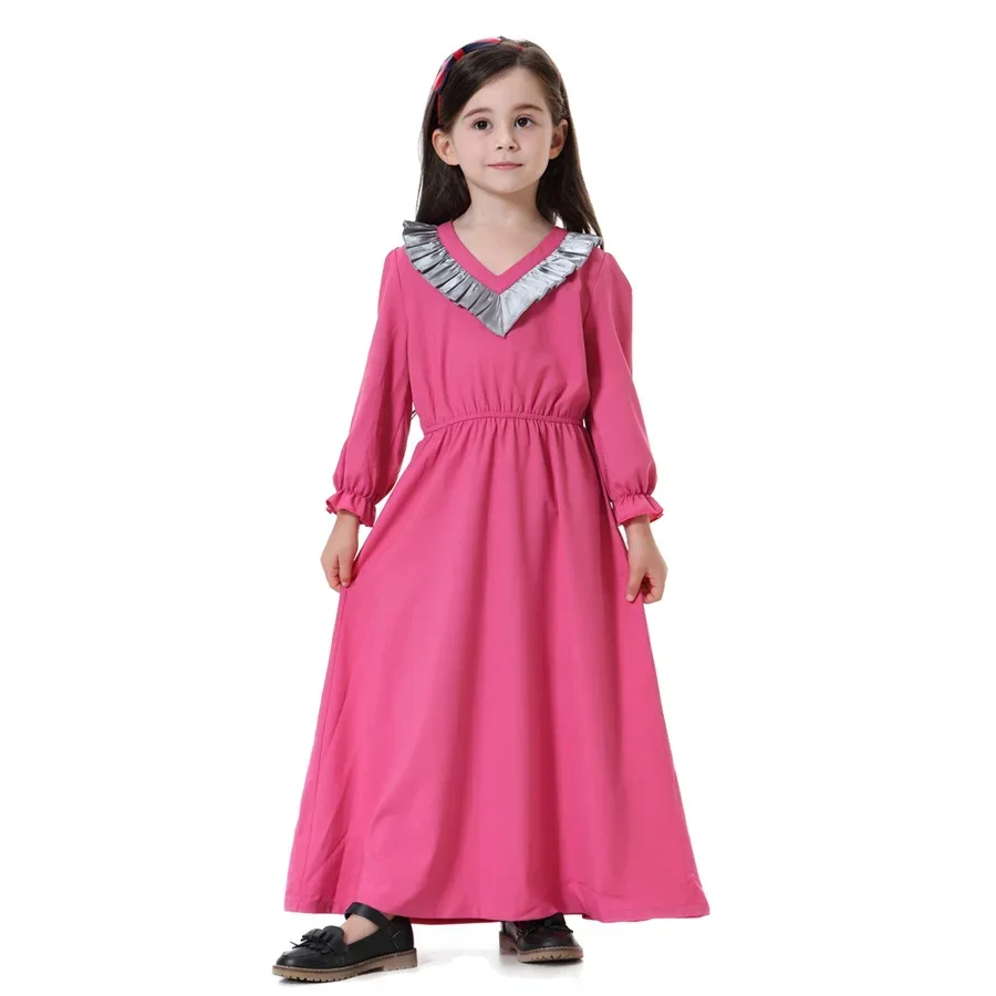 Muslim Children Abaya Girls V-Neck Long Prayer Robe Gowns Puff Sleeve Kids Dress Kimono Ramadan Middle East Moroccan Arab Caftan