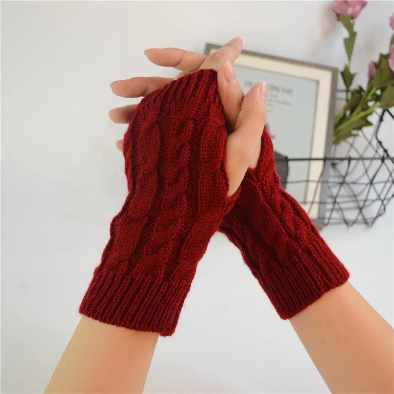 Winter Wolle Halbfinger Handschuhe Damen Twist Knit Warm Paar Fingerlose Reithandschuhe