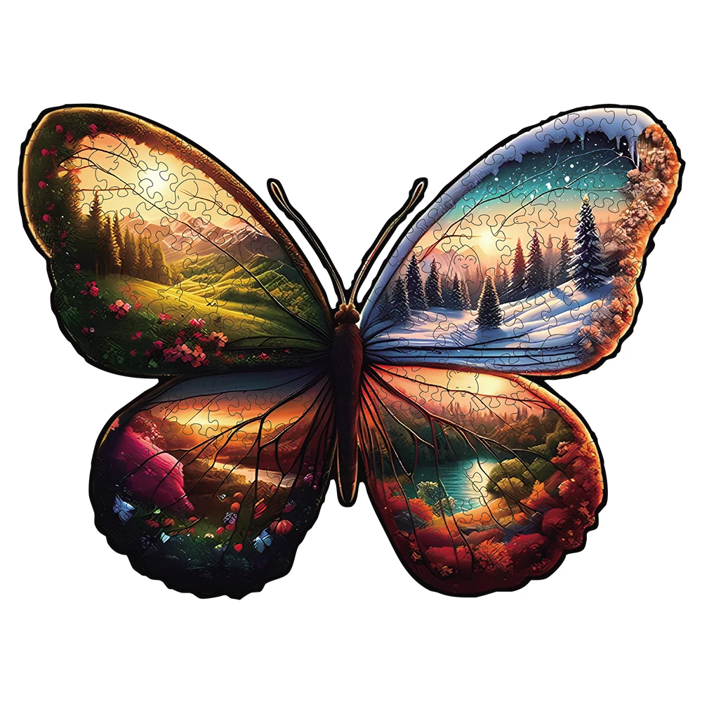 Butterfly Pattern Four-Season Scenery Wooden Puzzles, Irregular Animal Shaped Pieces, Exquisite Gift, Family Game Home Decor