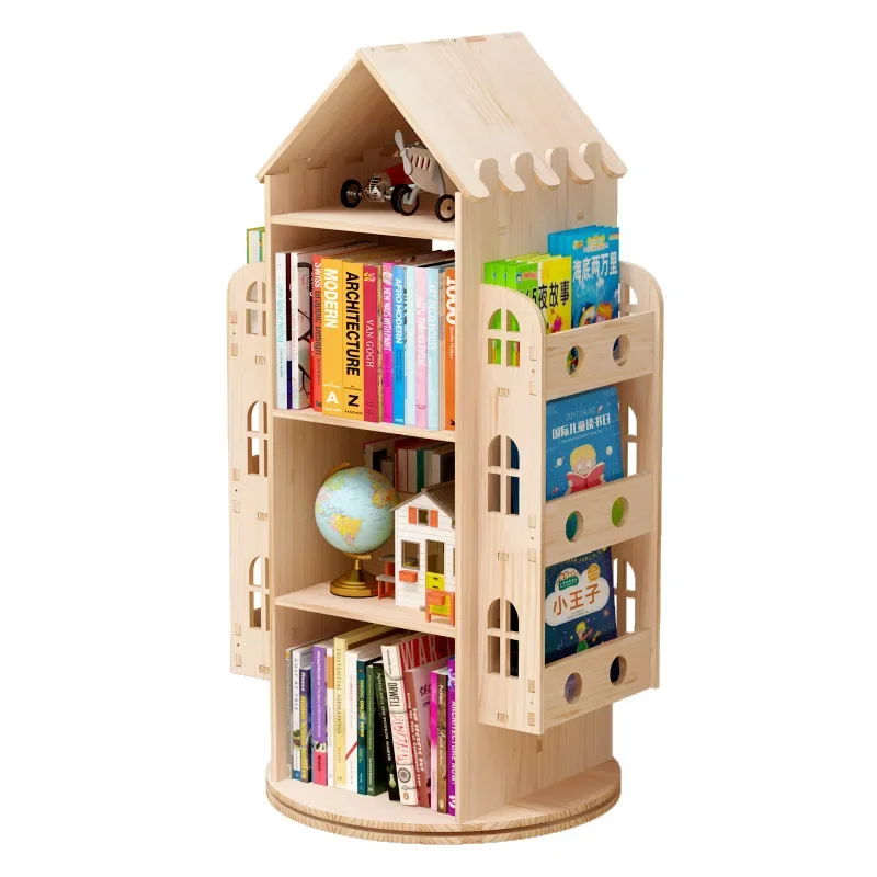 360-degree solid wood children's rotating bookshelf, floor-to-ceiling baby picture book rack, simple multi-layer living room