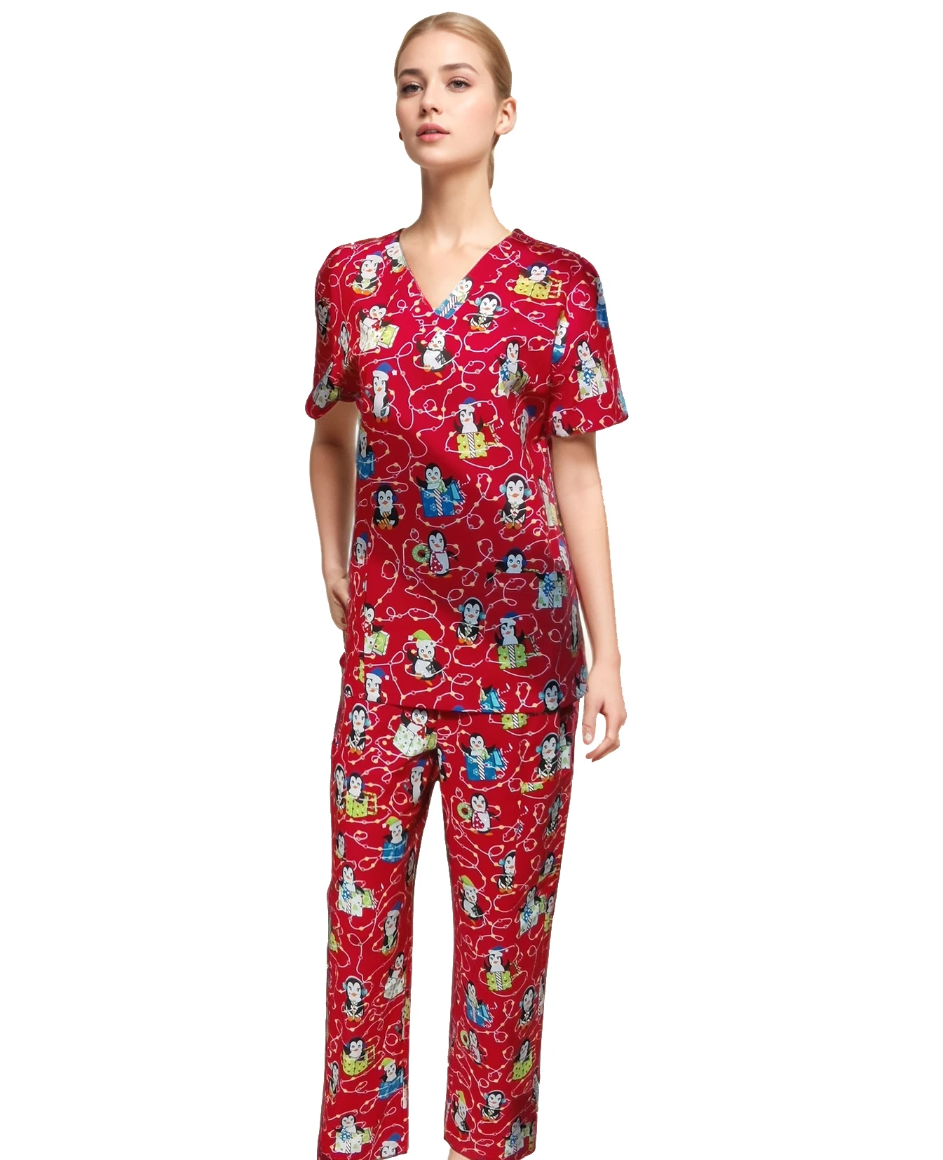 Hennar Christmas Print 100% Cotton Scrub Uniforms Sets，Holiday Scrub Top and Sets