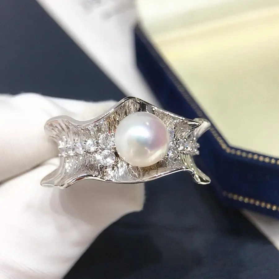 

ZHBORUINI 2025 New Arrivals 7.5-8mm Freshwater Pearl Ring Zircon Wavy High Jewelry Adjustable Elegant Fashion Gift For Women