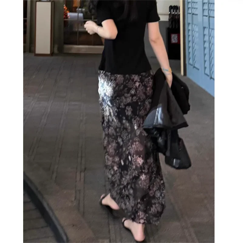 ฤดูร้อนใหม่กระโปรงชีฟองผู้หญิงแฟชั่นดอกไม้พิมพ์ Elastic High เอว Ruffles A-Line กระโปรงลําลอง Retro วันหยุดชายหาด Jupe