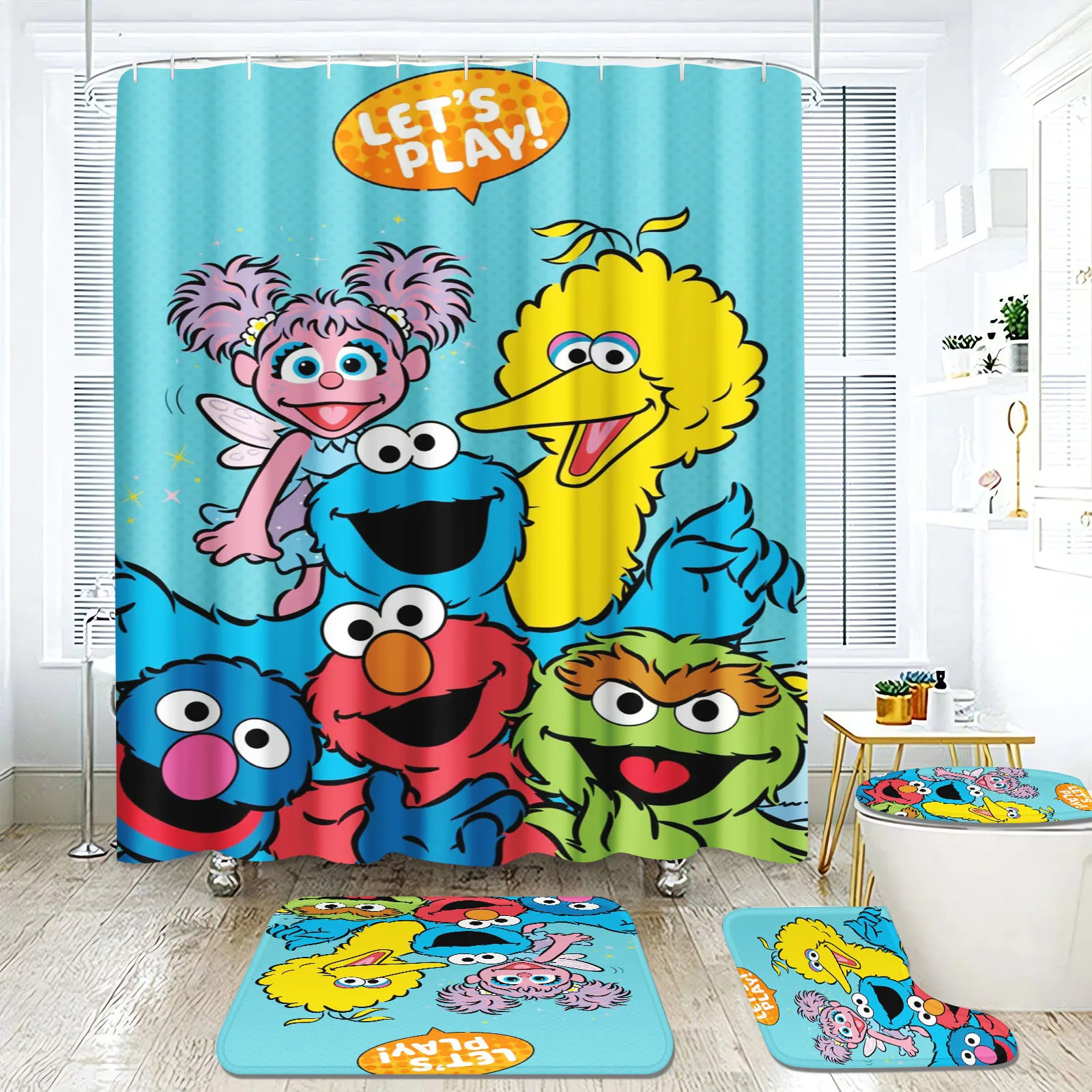 Sesame Street Bathroom Shower Curtain Accessories Bathroom 4 Piece Set Mats And Curtains Home Decor  Cartoon Cute Anime