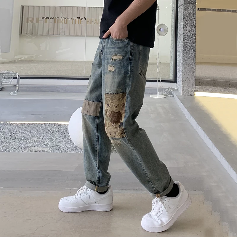 Jeans rasgado para homens, calças rasgadas, estilo hip hop, solto, retro, marca de moda, novo 2022