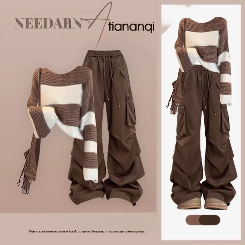 

Fashionable Autumnal Striped Knitted Sweater And Loose Straight Leg Workwear Pants Set Anti-Aging Clothing Casual Outfit