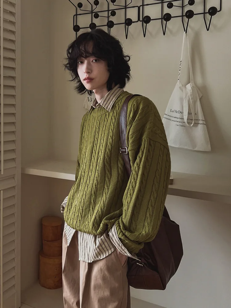 SYUHGFA بلوفرات متماسكة على الطراز الكوري سترات رجالية عتيقة برقبة دائرية سترة حياكة تناسب الجميع سترة رجالية تناسب شتاء 2025