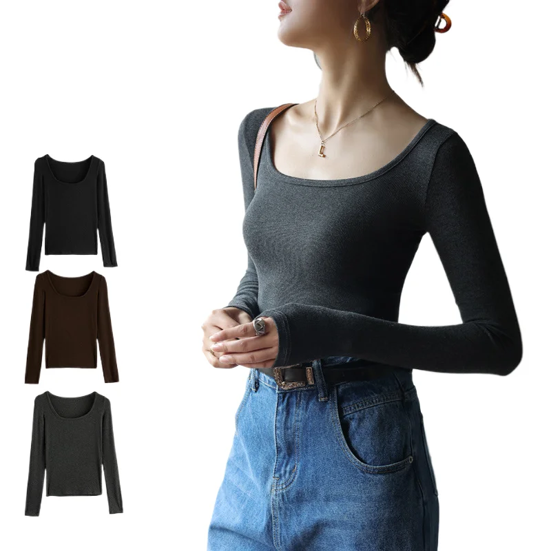 

Screw Thread T Shirt Women Autumn Winter Low Neck Long Sleeve Top Basic Cotton T-Shirts Slim Tee Shirt Femme