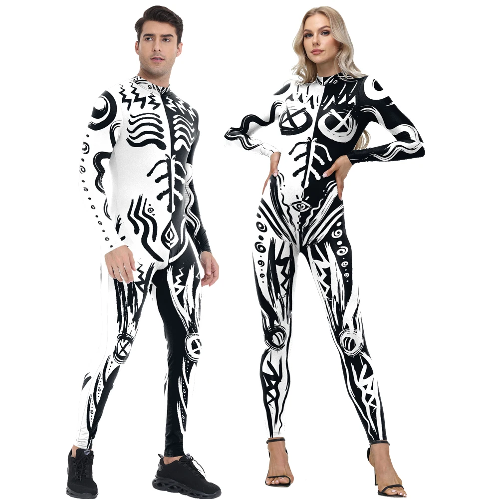 Halloween Men's Sexy Graffiti Black And White Tribal Wizard Eyes Jumpsuit Carnival Party Cosplay Zentai Suits