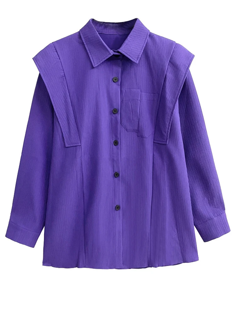 [EAM] Women Purple Corduroy Shaped Big Size Elegant Blouse New Lapel Long Sleeve Shirt Fashion Tide Spring Autumn 2024 1DH4096