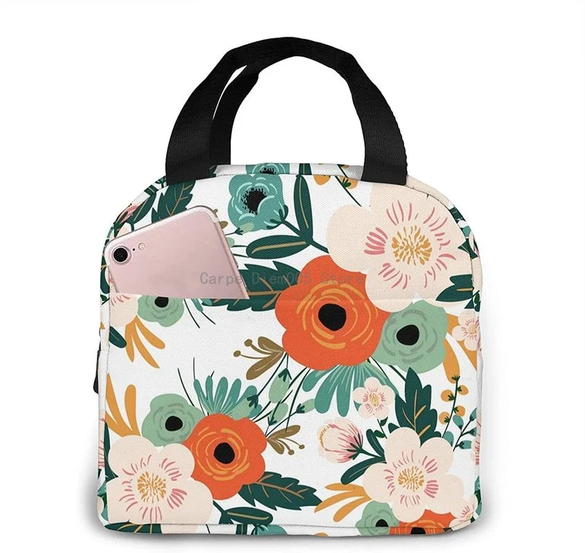 

Orange Flowers Pattern Lunch Bag Women Girls Insulated LunchBox Portable Lunch Box Organizer Cooler Bags