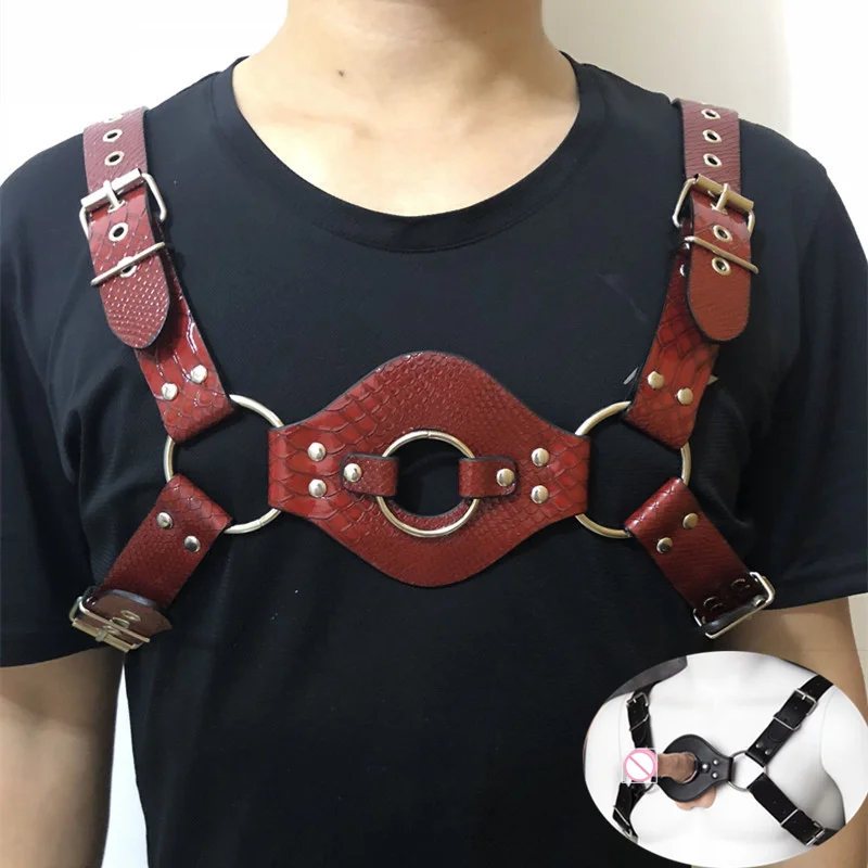 

Gay Fetish Men Chest Costumes Male Belts Leather Metal Straps BdsmBondage Harness Restraints Party Chastity Belt