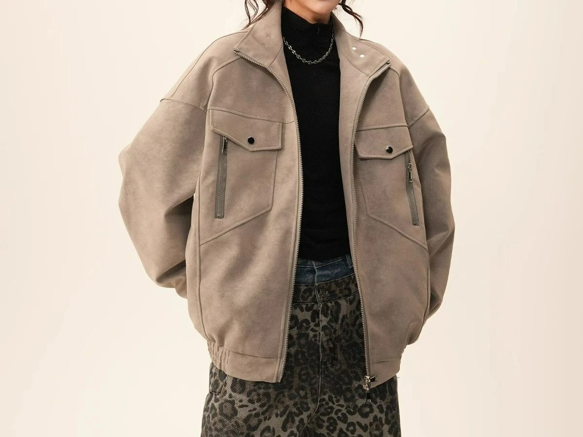 سترة ريترو بياقة واقفة لربيع وخريف 2025 سترة جلدية للملابس الخارجية #1