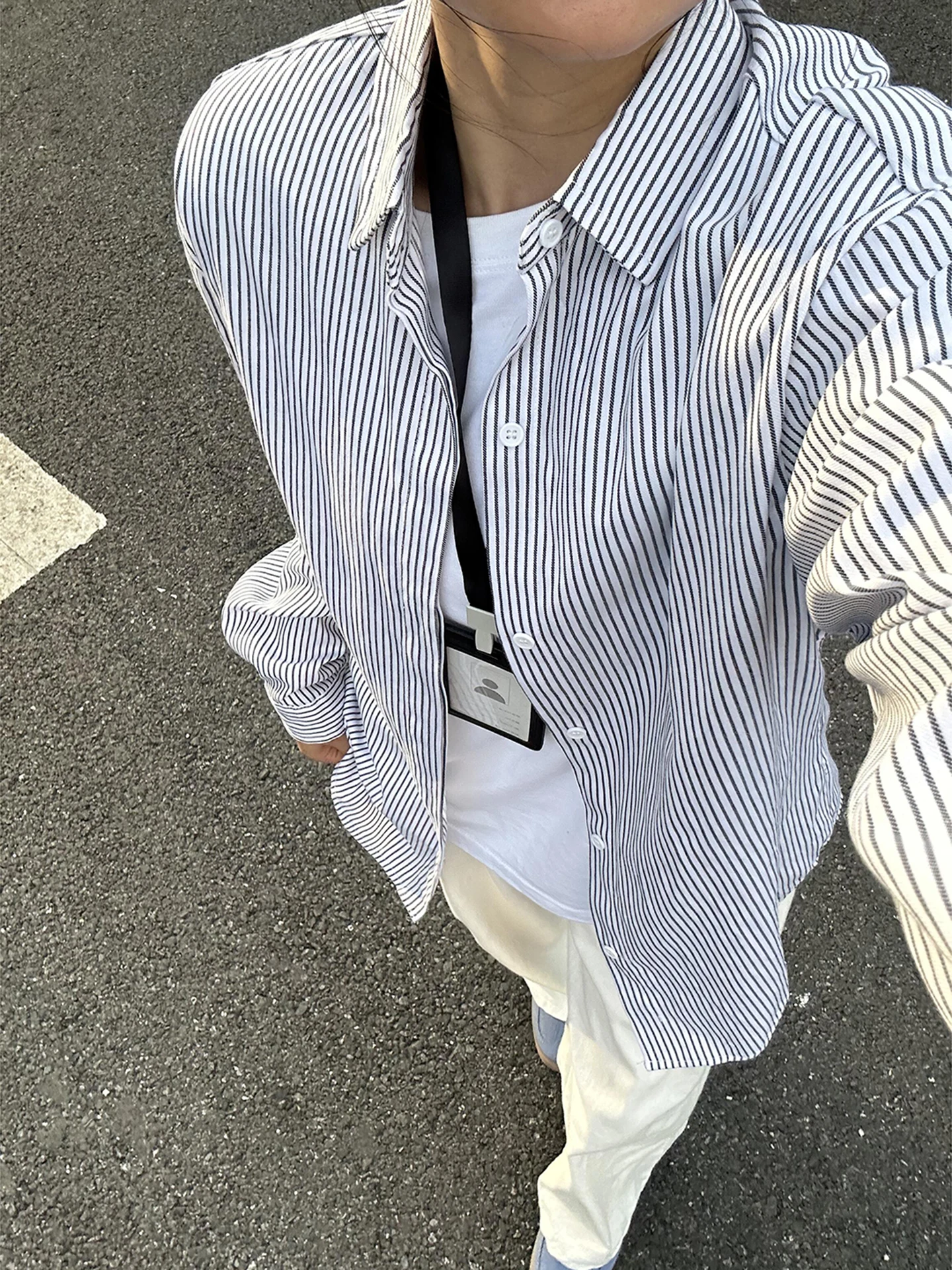 

Blue White Striped Men's Long Sleeve Shirt Jacket American Retro Lazy Style Autumn Outerwear Loose Fit Casual Polyester Fiber