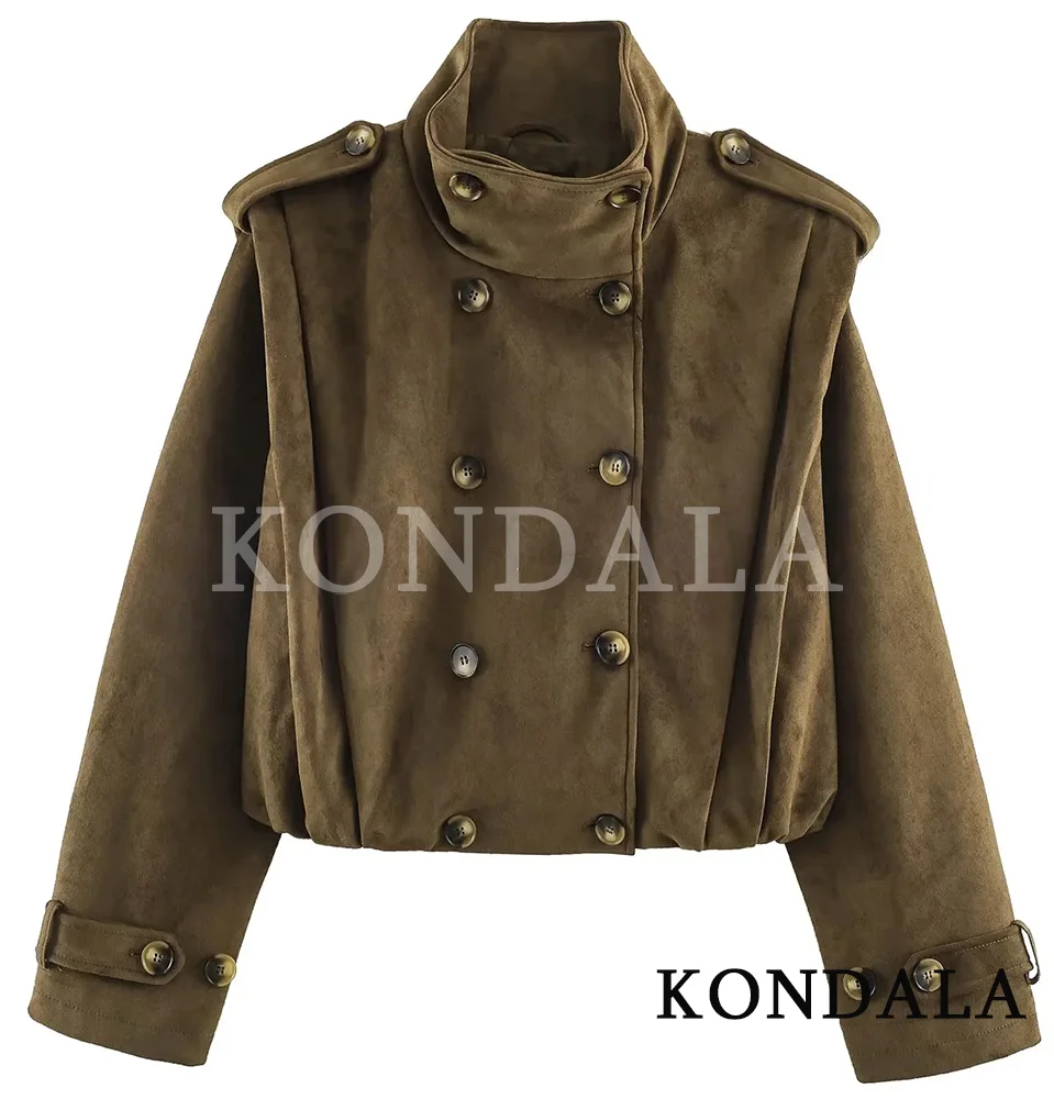 KONDALA Women Fall Winter Retro Double-breasted Short Trench Jacket Faux Suede Stand-Collar Jacket 2026 Trendy Street Style Coat