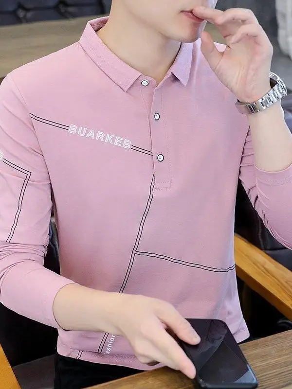 

Корейская мужская футболка Slim Fit с длинным рукавом, повседневная, с буквенным принтом, молодежная, модная, городской стиль