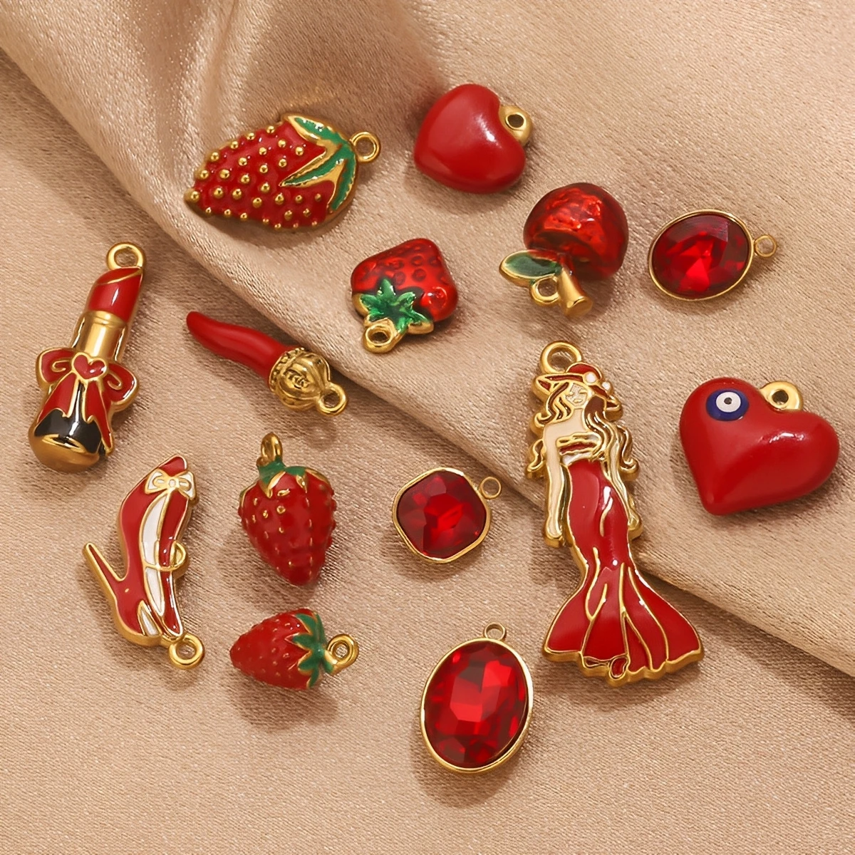 الفولاذ المقاوم للصدأ القوطية الفيكتوري القلب سحر أحمر الشفاه الفراولة DIY بها بنفسك أقراط نسائية دلاية مجوهرات اكسسوارات بالجملة