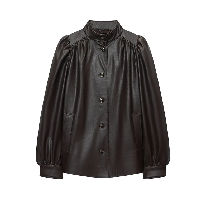 Autumn New Women's Fashion Imitation Leather Pleated Jacket