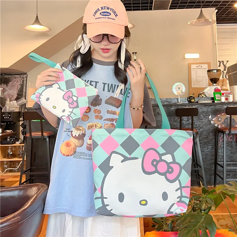 2pcs Kawaii Hello Kitty Canvas Tote Bag For Women Zipper Large Capacity Shoulder Bag Kuromi Cartoon Handbag Ladies Books Bag