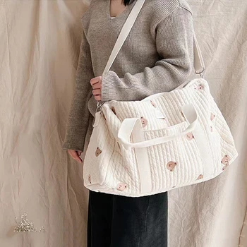 작은 곰 자수 핸드헬드 숄더백, 귀여운 만화, 대용량, 어머니, 아기, 부모, 아이, 싱글 숄더백, 엄마 가방