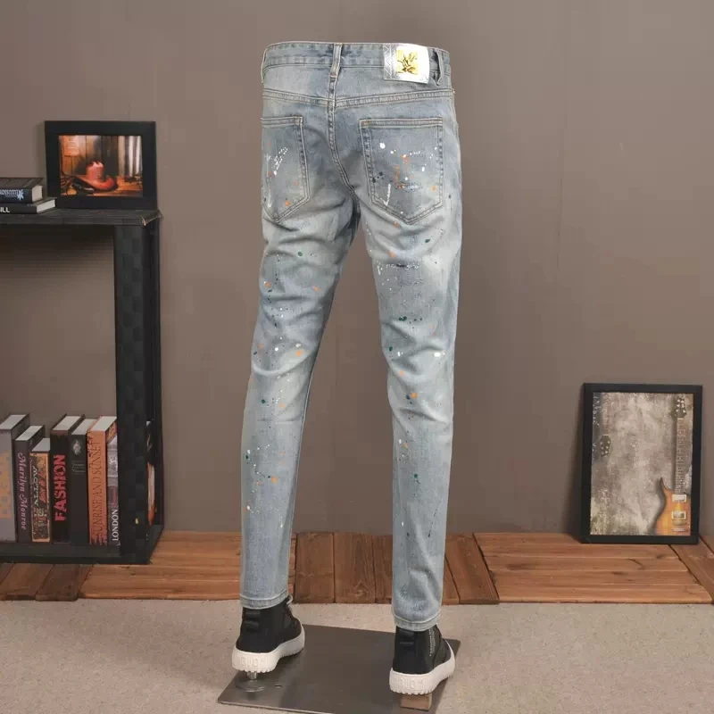 Fashion Designer Men Jeans Retro Light Blue Stretch Slim Fit Ripped Jeans Men Streetwear Elastic Painted Hip Hop Pants Hombre