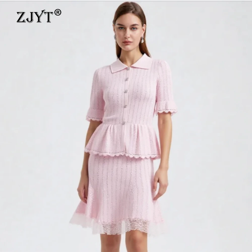 

ZJYT Summer Outfit Woman Sets with Sweater Knitted Two Pieces Elegant Matching Suit Lady Dress Set Pink Casual Party Jersey New
