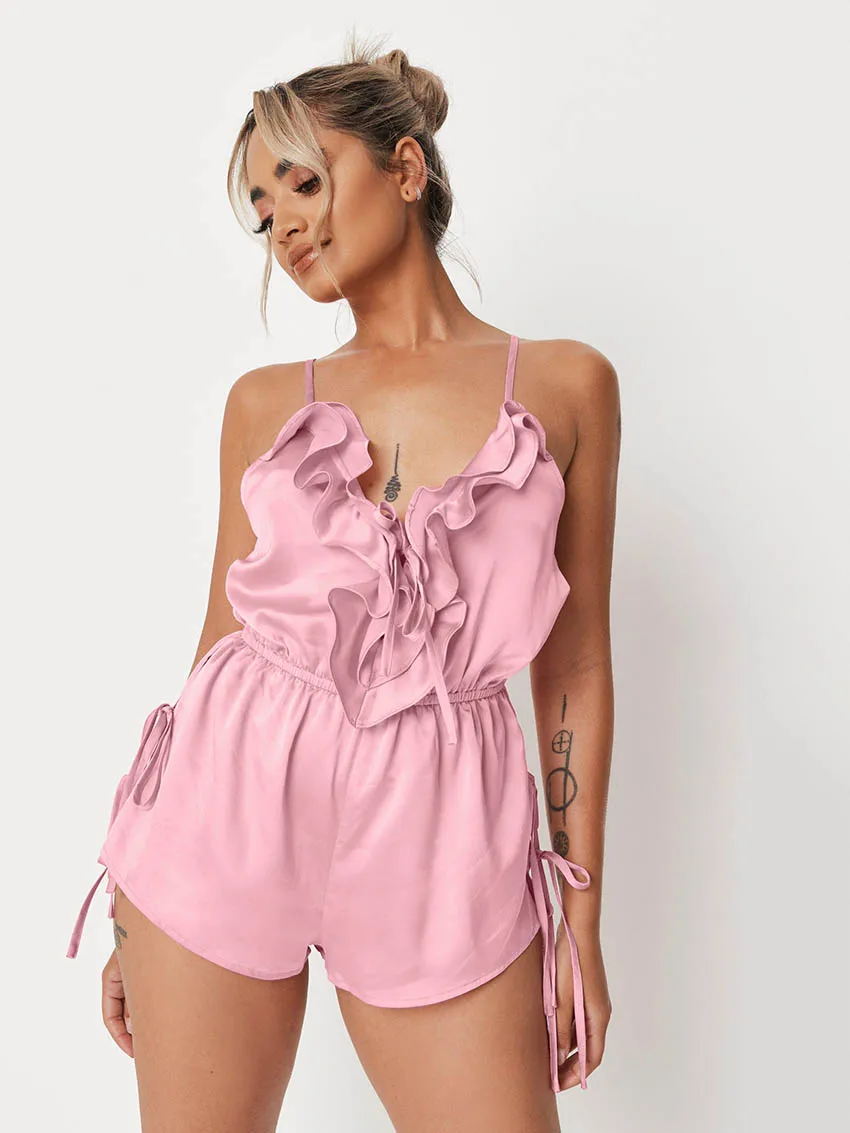 

Marthaqiqi Home Clothes Female Spaghetti Strap Pajamas Tank Tops Sleepwear V-Neck Nightgown Lace Up Nightie Pink Women Jumpsuits