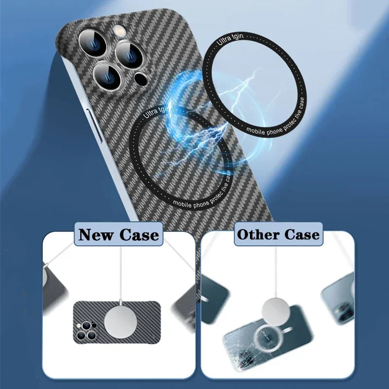 Magnetic Wireless Charg Case for iPhone 14 15 16 Plus 13 12 11 Pro Max 16 Magsafe Carbon Fiber Texture Frameless Slim Hard Cover