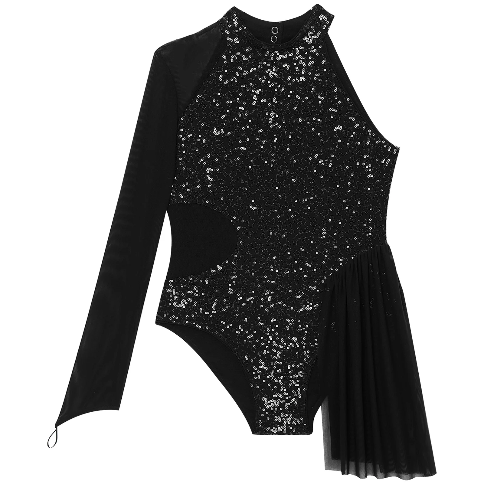 Kids Girls Figure Skating Ballet Jersey Leotard Costume for Tango Chacha Latin Dancing Glittery Bodysuit Sheer Mesh Jumpsuit