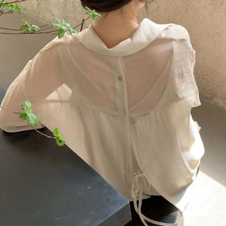 Baggy Shirts Women Summer Sun Proof Chic Office Lady All-match Gentle Popular Solid Breathable Designed Korean Style 