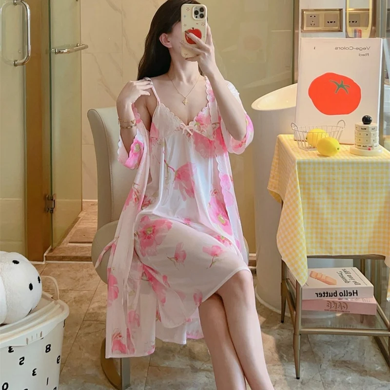 

2025 Summer 2PCS Sexy Lace Lingerie Silk Satin Nightgowns Robes Sets for WomenSleepwear Bathrobes Nightdress Night Dress Nighty