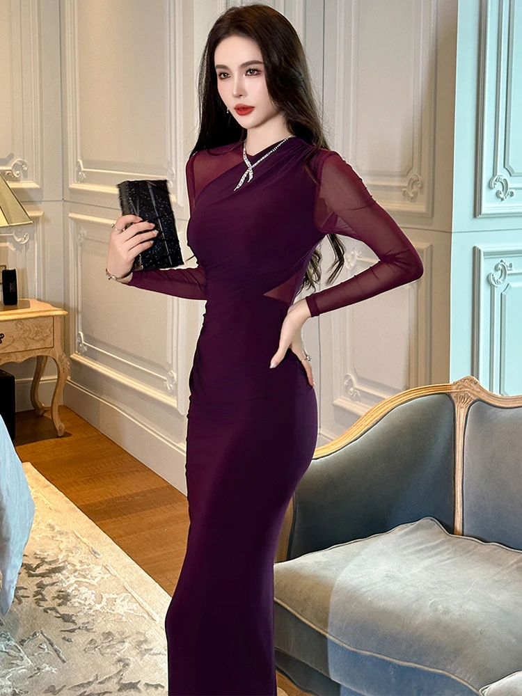 Women's French Sexy Maxi Dress Woman Elegant Black Purple Sheer See Through Mesh Splice Folds Bodycon Robe Party Prom Vestidos