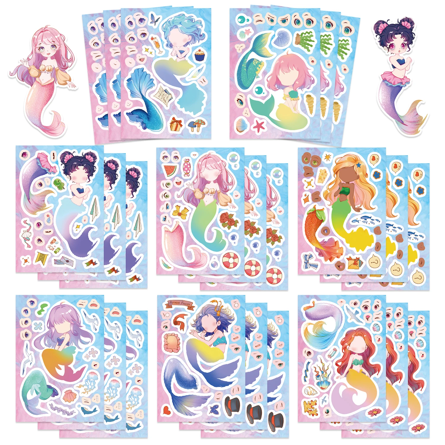 8/16/24Sheets Mermaid Stickers for Creative Make Your Own Decals Puzzle Stickers Party Supplies Decoration Gifts