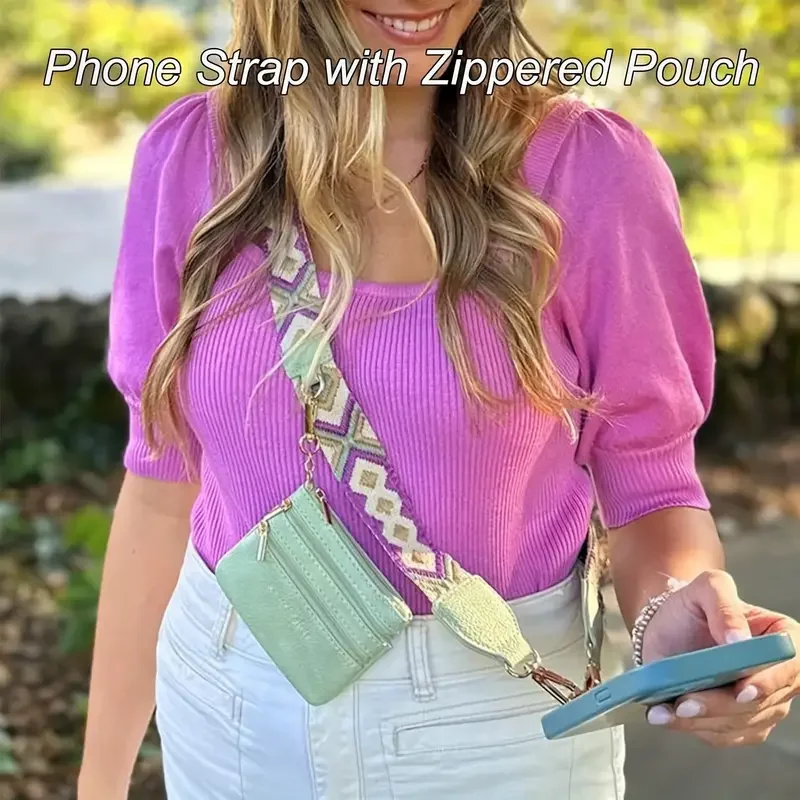 Correia para celular com bolsa com zíper feminina, cordão ajustável para celular, tirossbody com carteira, clip e alça Go