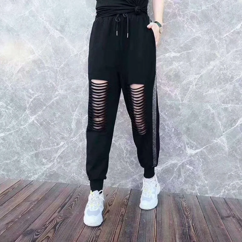 Home Women\'s Summer Sweat Sports Pants Fashion Casual Ice Silk Sweatpants Black Ripped Harem Sarouel Female Cropped Trousers Hot