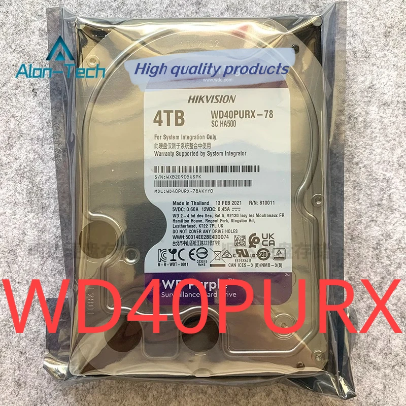 

New Original Hard Drive Western Digital 4T Desktop WD40PURX 4TB Purple Disk for WD 4TB 3.5" 64MB SATA 7200RPM Monitor Hard Drive