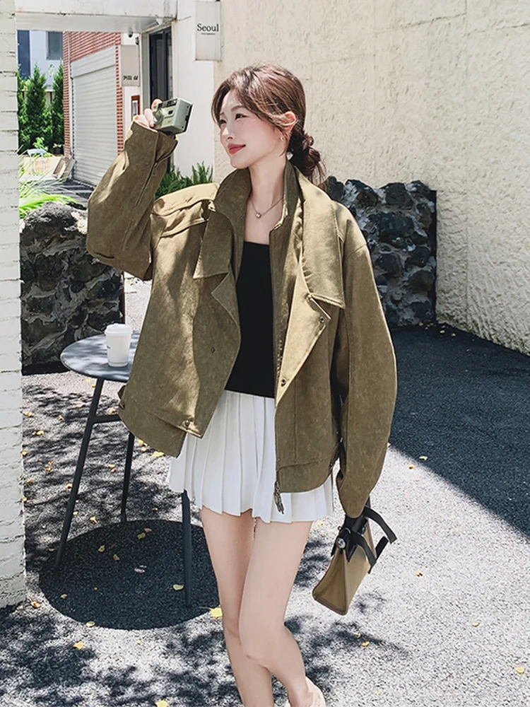 

Военная куртка из оленьей кожи с бархатным эффектом для женщин: повседневный дизайн, новинка сезона весна-осень, универсальное пальто