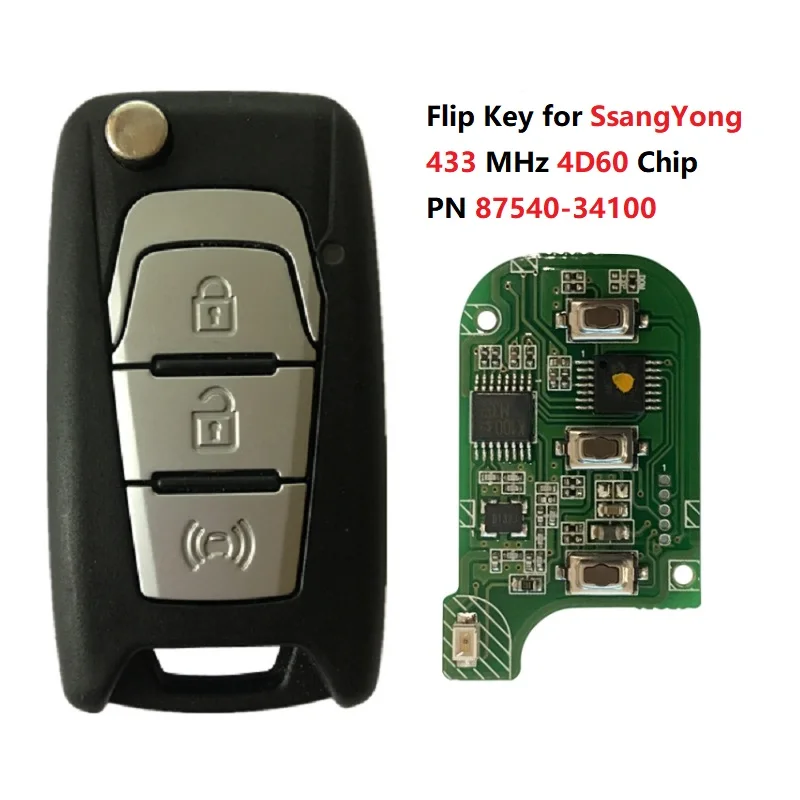 

CN096003 ORIGINAL PCB Flip Key for SsangYong Korando Actyon C200 3 Buttons 433 MHz 4D60 Chip Part Number 87540-34100 34000 34200