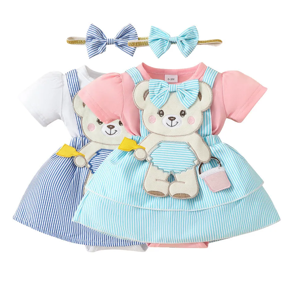 

Baby Cute Bear Embroidered False Strap Skirt Short Sleeve Triangle Dress Newborn Bow Climbing Dress Double Layer Bodysuits 0-18M